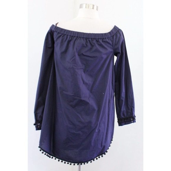 Derek Lam 10 Crosby Navy Blue Off the Shoulder Pompom Trim Tunic Top Blouse Sz 6 - Picture 10 of 10
